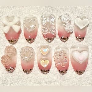 Handmade press on nails pink clear heart rhinestones